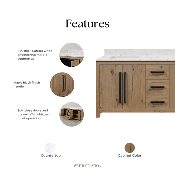 Kingston Perris PE72EM07WO - 72 in. x 22 in. Bathroom Vanity Double Sink with Carrara White Engineered Stone Top, Weathered Oak