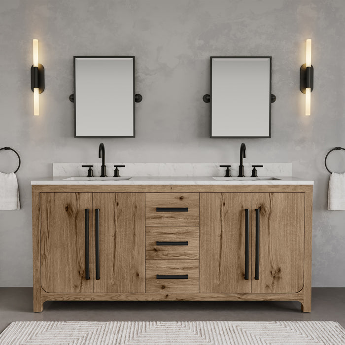 Kingston Perris PE72EM07WO - 72 in. x 22 in. Bathroom Vanity Double Sink with Carrara White Engineered Stone Top, Weathered Oak
