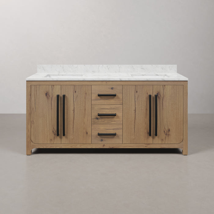 Kingston Perris PE72EM07WO - 72 in. x 22 in. Bathroom Vanity Double Sink with Carrara White Engineered Stone Top, Weathered Oak
