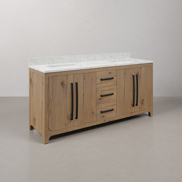 Kingston Perris PE72EM07WO - 72 in. x 22 in. Bathroom Vanity Double Sink with Carrara White Engineered Stone Top, Weathered Oak