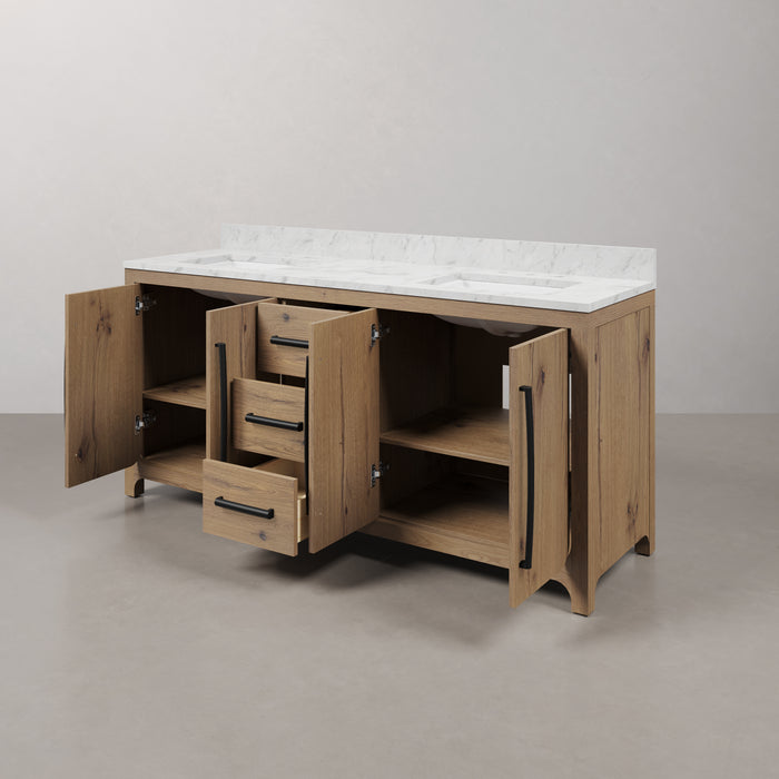 Kingston Perris PE72EM07WO - 72 in. x 22 in. Bathroom Vanity Double Sink with Carrara White Engineered Stone Top, Weathered Oak