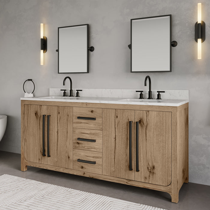Kingston Perris PE72EM07WO - 72 in. x 22 in. Bathroom Vanity Double Sink with Carrara White Engineered Stone Top, Weathered Oak