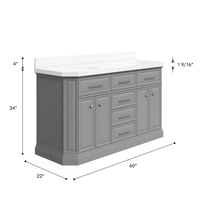 Kingston Palace PA60QZ01CG - 60 in. x 22 in. Bathroom Vanity Quartz Top and White Basin, Cashmere Grey
