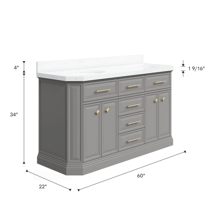 Kingston Palace PA60QZ06CG - 60 in. x 22 in. Bathroom Vanity Quartz Top and White Basin, Cashmere Grey