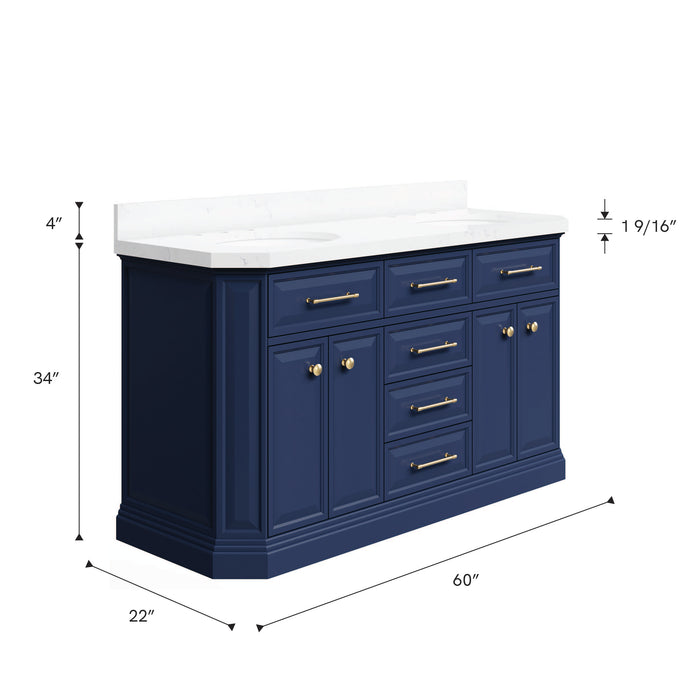 Kingston Palace PA60QZ06MB - 60 in. x 22 in. Bathroom Vanity Quartz Top and White Basins, Monarch Blue