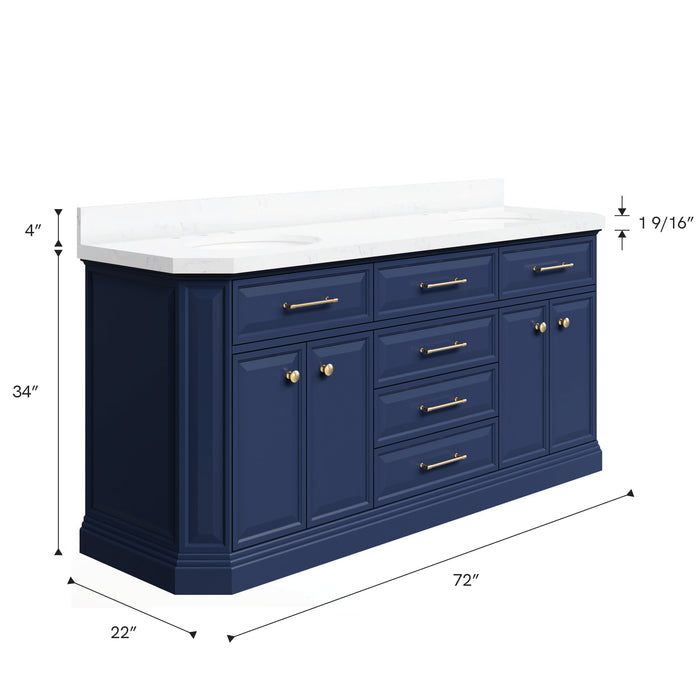 Kingston Palace PA72QZ06MB - 72 in. x 22 in. Bathroom Vanity Quartz Top and White Basins, Monarch Blue