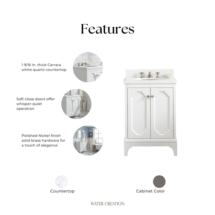 Kingston Queen QU24QZ05PW -  24 in. x 22 in. Bathroom Vanity Quartz Carrara Top and White Ceramic Basins, Pure White