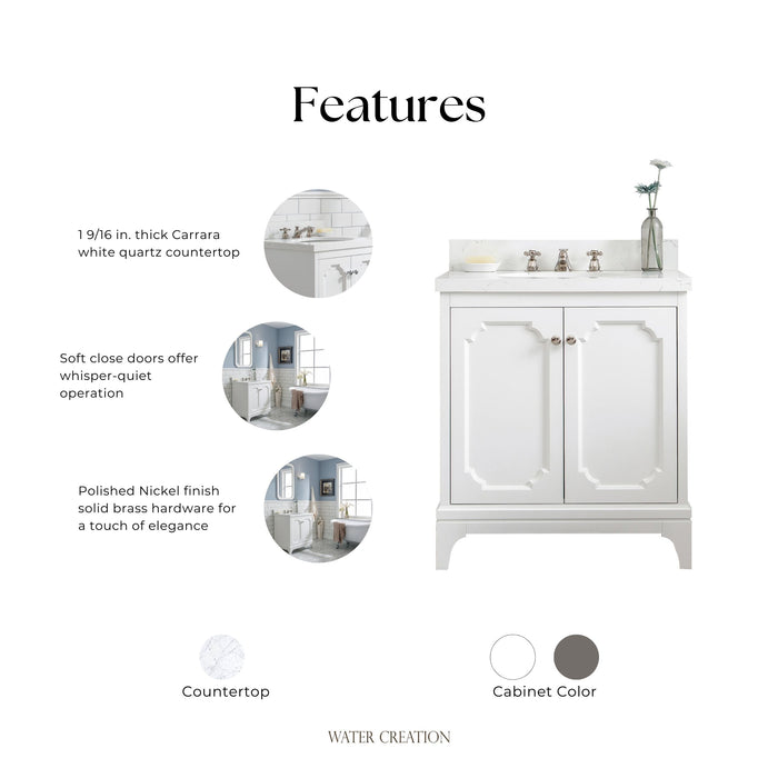 Kingston Queen QU30QZ05PW - 30 in. x 22 in. Bathroom Vanity Quartz Carrara Top, Pure White