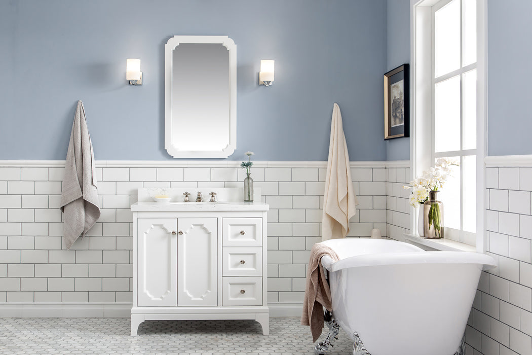 Kingston Queen QU36QZ05PW - 36 in. x 22 in. Bathroom Vanity Quartz Carrara Top and White Ceramic Basins, Pure White