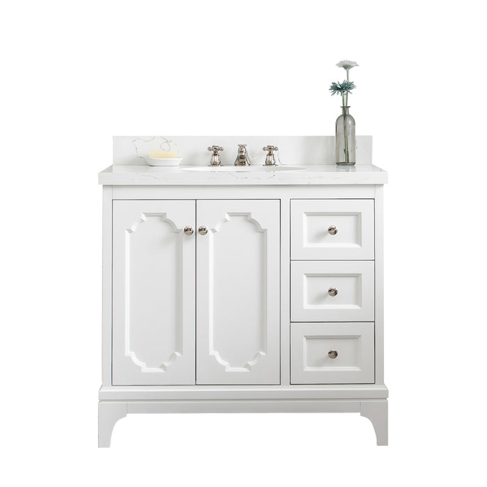 Kingston Queen QU36QZ05PW - 36 in. x 22 in. Bathroom Vanity Quartz Carrara Top and White Ceramic Basins, Pure White