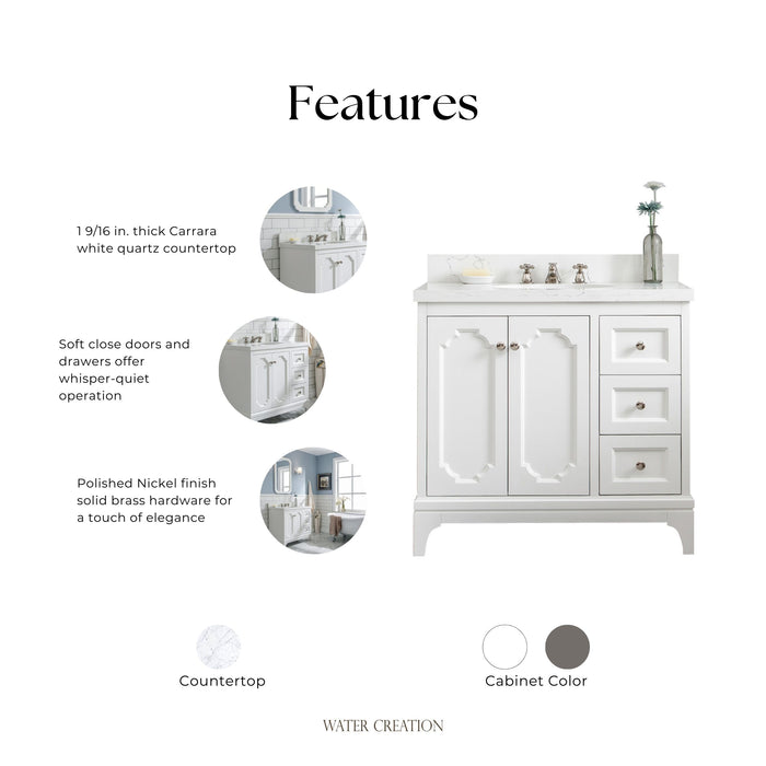 Kingston Queen QU36QZ05PW - 36 in. x 22 in. Bathroom Vanity Quartz Carrara Top and White Ceramic Basins, Pure White
