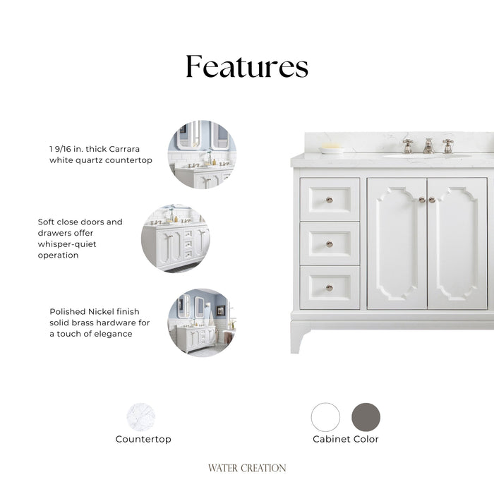 Kingston Queen QU48QZ05PW - 48 in. x 22 in. Bathroom Vanity Quartz Carrara Top and White Ceramic Basins, Pure White