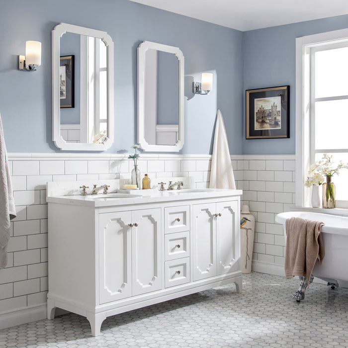 Kingston Queen QU60QZ05PW - 60 in. x 22 in. Bathroom Vanity Quartz Carrara Top and White Ceramic Basins, Pure White