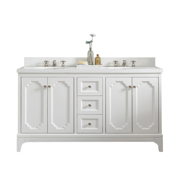 Kingston Queen QU60QZ05PW - 60 in. x 22 in. Bathroom Vanity Quartz Carrara Top and White Ceramic Basins, Pure White