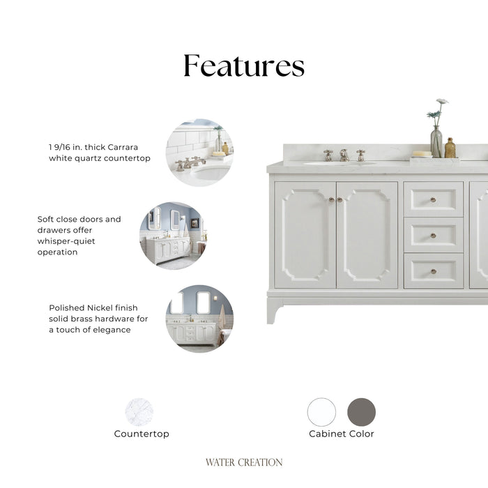 Kingston Queen QU60QZ05PW - 60 in. x 22 in. Bathroom Vanity Quartz Carrara Top and White Ceramic Basins, Pure White