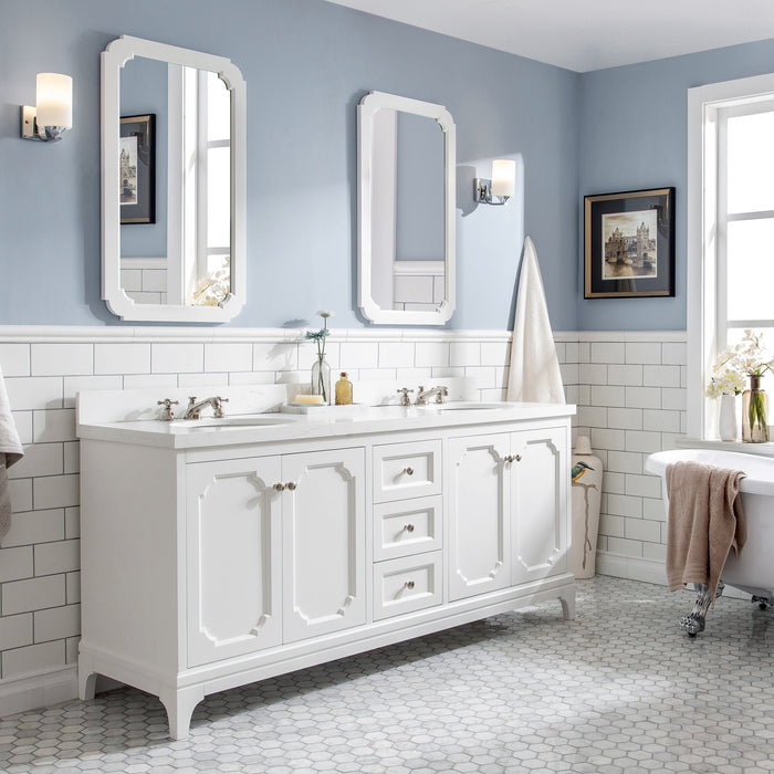 Kingston Queen QU72QZ05PW - 72 in. x 22 in. Bathroom Vanity Quartz Carrara Top and White Ceramic Basins, Pure White