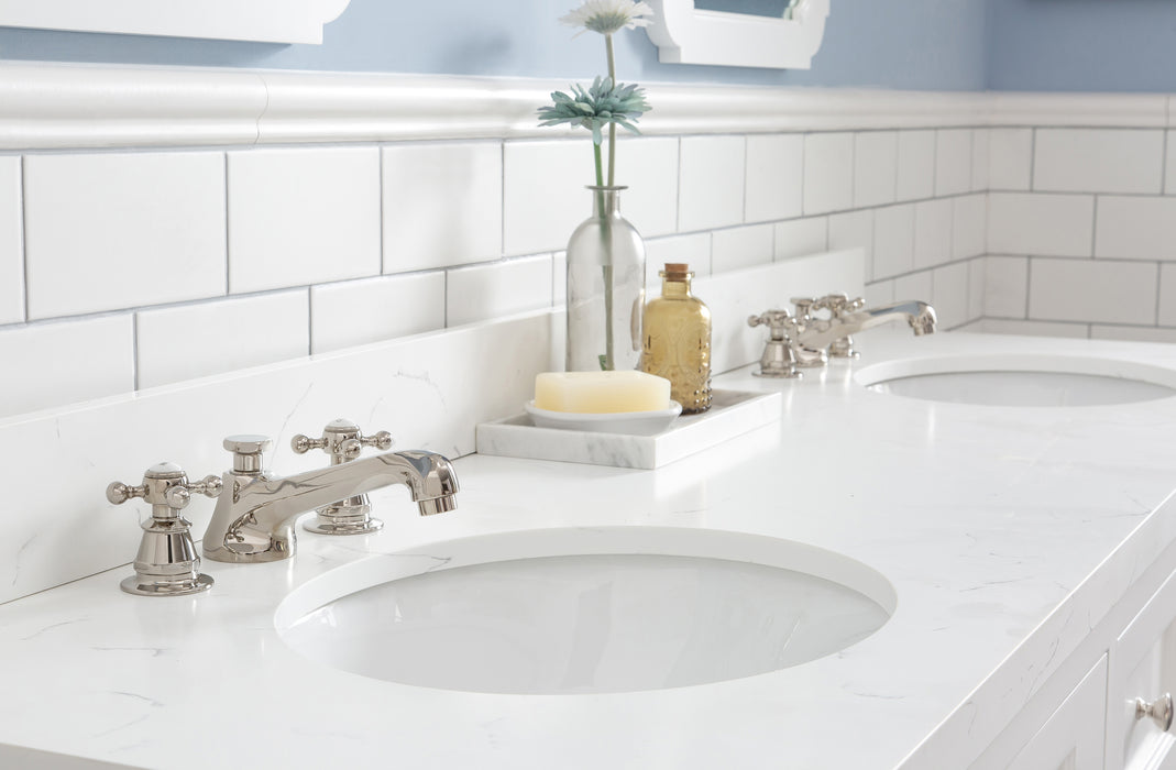 Kingston Queen QU72QZ05PW - 72 in. x 22 in. Bathroom Vanity Quartz Carrara Top and White Ceramic Basins, Pure White