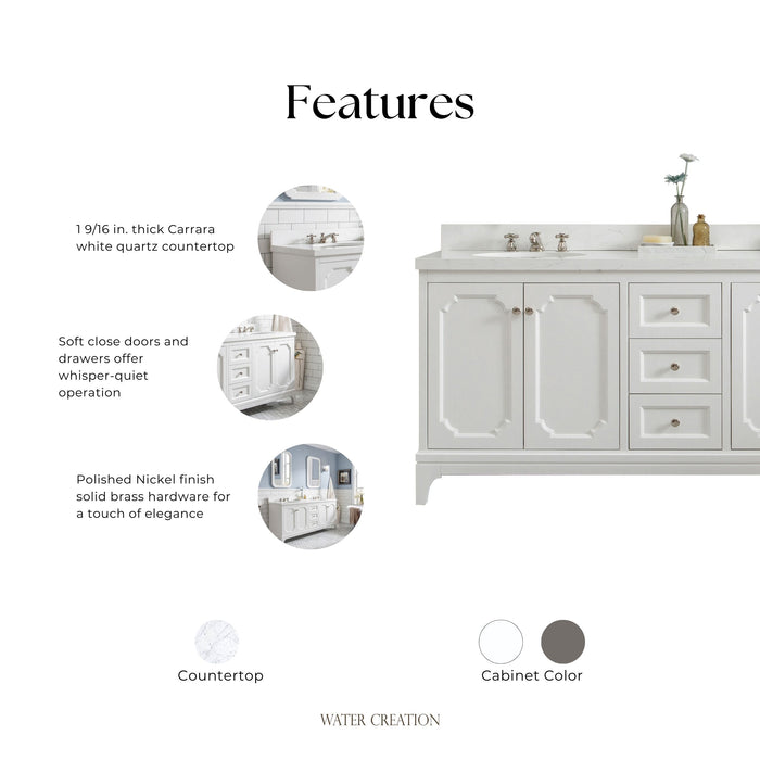 Kingston Queen QU72QZ05PW - 72 in. x 22 in. Bathroom Vanity Quartz Carrara Top and White Ceramic Basins, Pure White