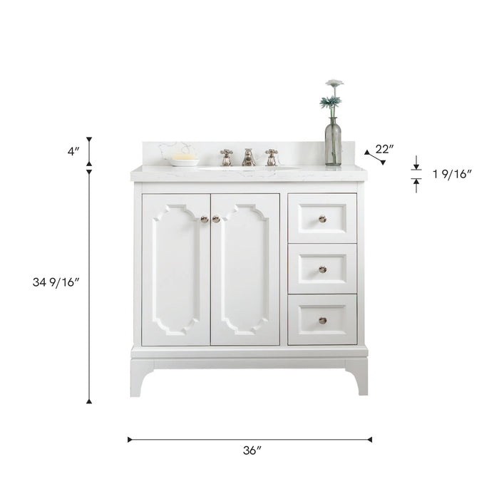 Kingston Queen QU36QZ05PW - 36 in. x 22 in. Bathroom Vanity Quartz Carrara Top and White Ceramic Basins, Pure White