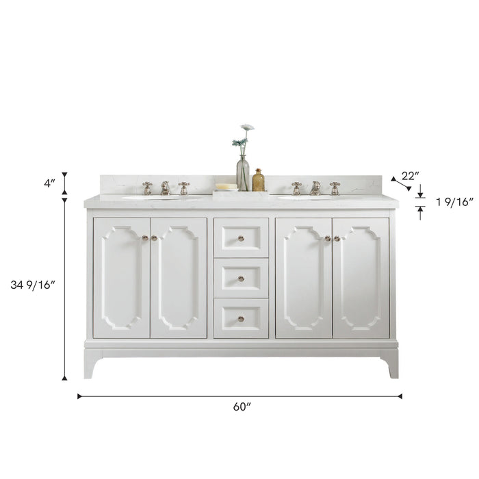 Kingston Queen QU60QZ05PW - 60 in. x 22 in. Bathroom Vanity Quartz Carrara Top and White Ceramic Basins, Pure White