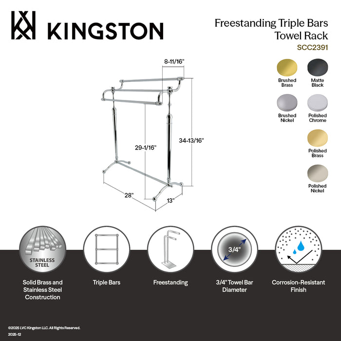 Kingston Heirloom SCC2397 - Warwick 28-Inch Freestanding Pedestal 3-Tier Towel Rack, Brushed Brass