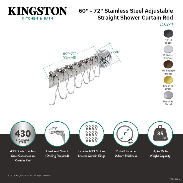Kingston Edenscape SCC2710 60-Inch to 72-Inch Adjustable Shower Curtain Rod with Rings, Matte Black