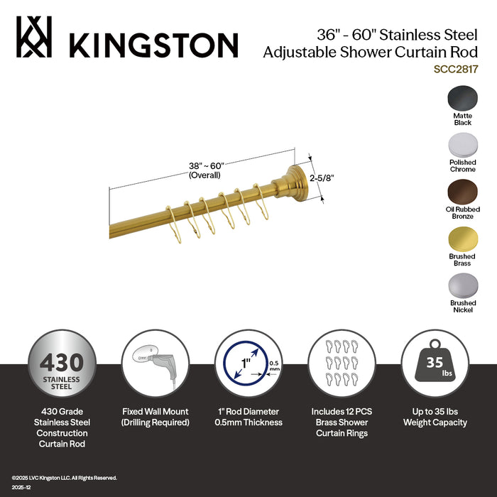 Kingston Edenscape SCC2817 38-Inch to 60-Inch Adjustable Shower Curtain Rod with Rings, Brushed Brass