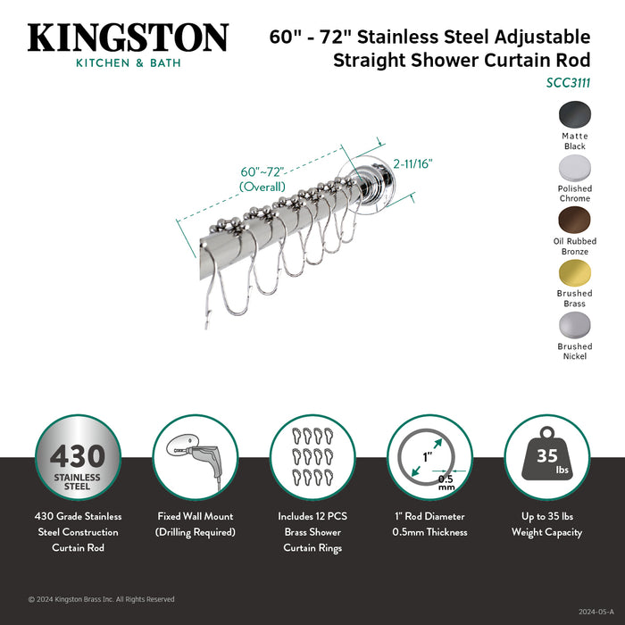 Kingston Edenscape SCC3118 60-Inch to 72-Inch Adjustable Shower Curtain Rod with Rings, Brushed Nickel