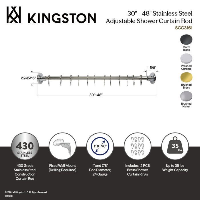 Kingston Edenscape SCC3161 30-Inch to 48-Inch Stainless Steel Adjustable Straight Fixed Shower Curtain Rod with Rings, Polished Chrome