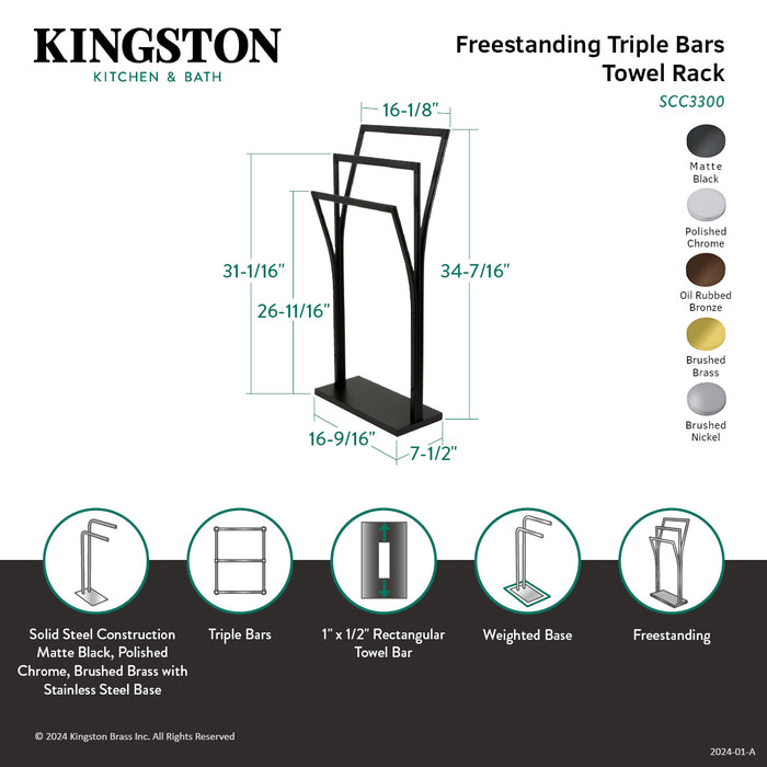 Kingston Sona SCC3307 - Edenscape 34-7/16 Inch Freestanding Pedestal 3-Tier Y-Style Towel Rack, Brushed Brass