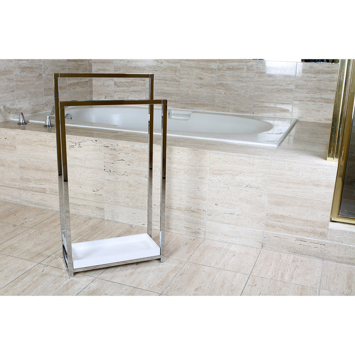 Kingston Sona SCC8261 - Edenscape 33-5/8 Inch Freestanding Pedestal 2-Tier Towel Rack with Wooden Shelf, Polished Chrome