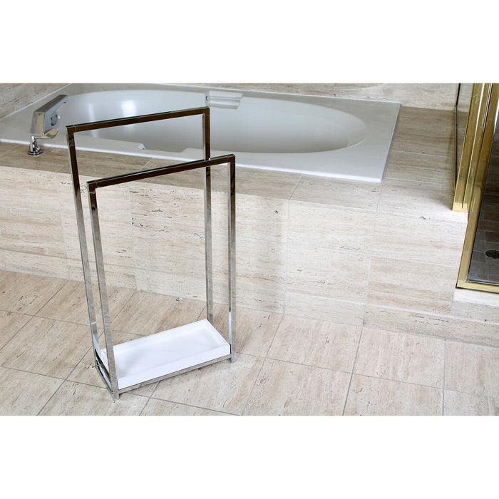 Kingston Sona SCC8261 - Edenscape 33-5/8 Inch Freestanding Pedestal 2-Tier Towel Rack with Wooden Shelf, Polished Chrome