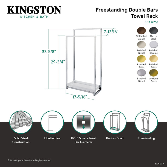 Kingston Sona SCC8263 - Edenscape 33-5/8 Inch Freestanding Pedestal 2-Tier Towel Rack with Wooden Shelf, Antique Brass