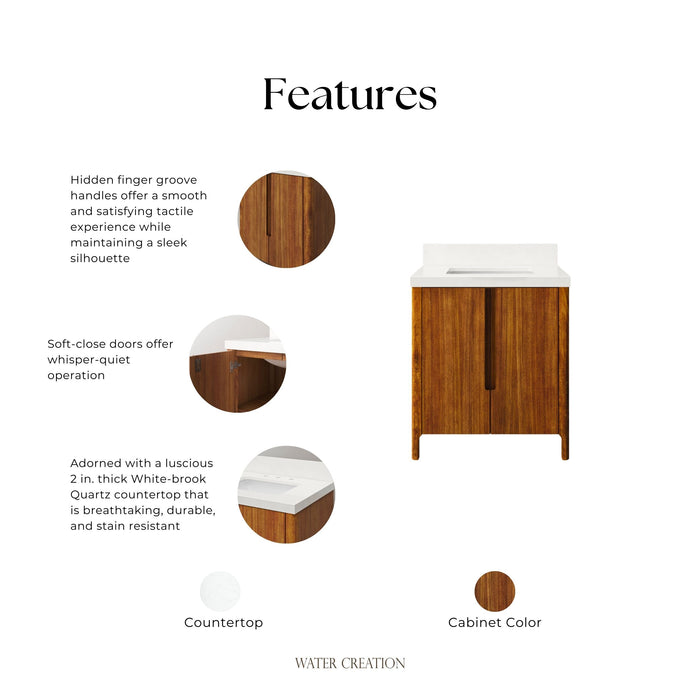 Kingston Sequoia SE30QZ00MW - 30 in. x 22 in. Bathroom Vanity Single Sink with White Brook Quartz Top, Mango Wood