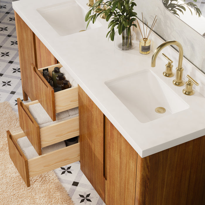 Kingston Sequoia SE72QZ00MW - 72 in. x 22 in. Bathroom Vanity Double Sink with White Quartz Top, Mango Wood