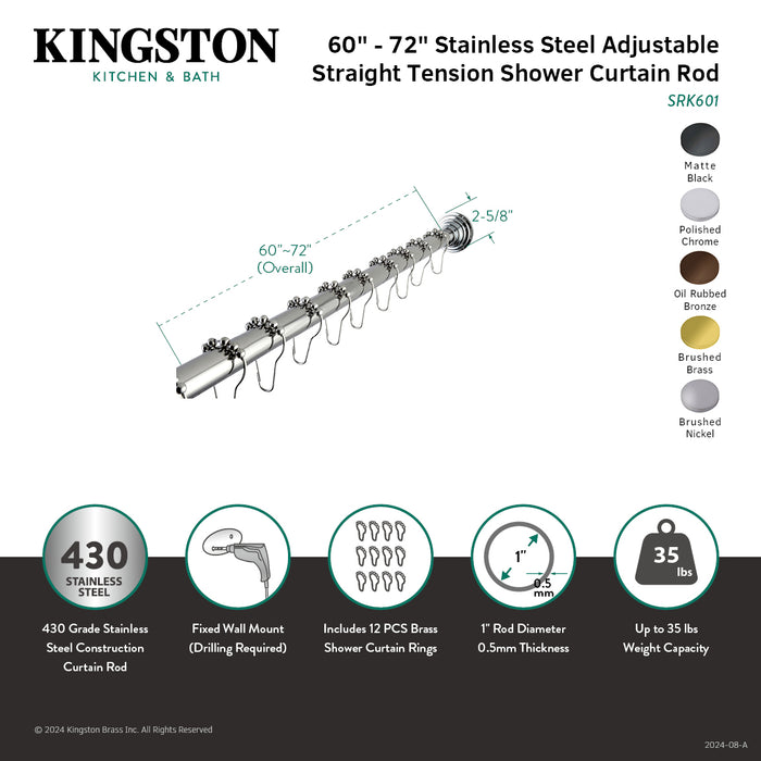 Kingston Edenscape SRK607 60-Inch to 72-Inch Adjustable Shower Curtain Rod with Rings Combo, Brushed Brass
