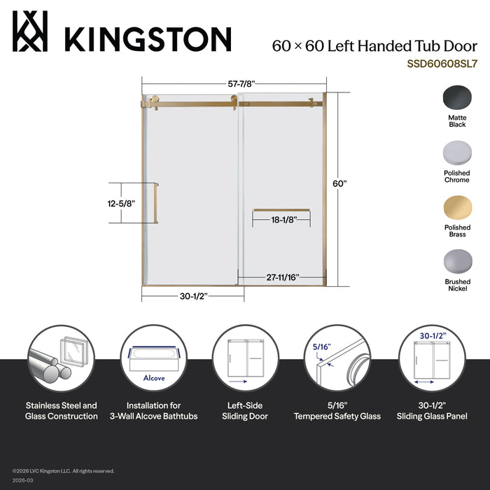 Kingston Sona SSD60608SL7 - Toledo 60" W x 60" H Left Handed Tub Door, Brushed Brass