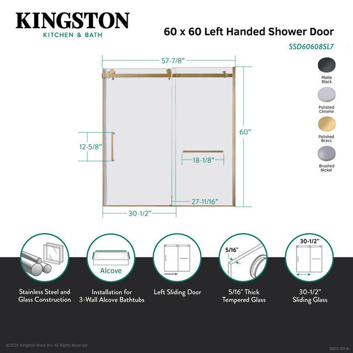 Kingston Sona SSD60608SL8 - Toledo 57-7/8" L x 60" H Left Handed Tub Door, Brushed Nickel