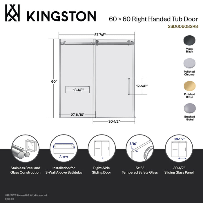 Kingston Sona SSD60608SR0 - Toledo 60" W x 60" H Right Handed Tub Door, Matte Black