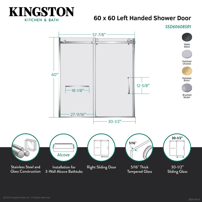 Kingston Sona SSD60608SR7 - Toledo 57-7/8" L x 60" H Left Handed Tub Door, Brushed Brass