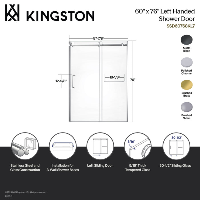 Kingston Sona SSD60768KL1 - Prato 60" W x 76" H Left Handed Shower Door, Polished Chrome