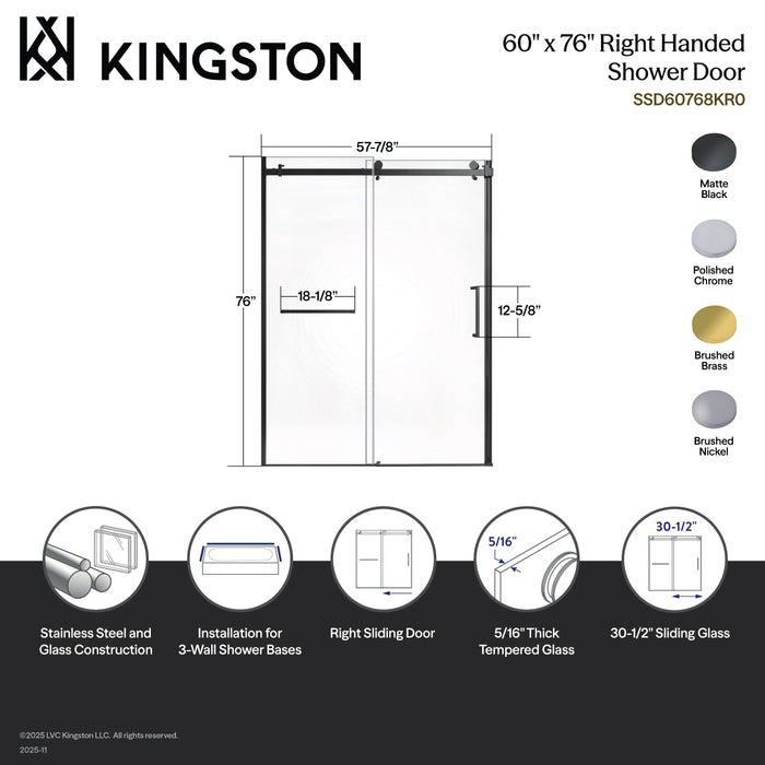 Kingston Sona SSD60768KR7 - Prato 60" L x 76" H Right Handed Shower Door, Brushed Brass