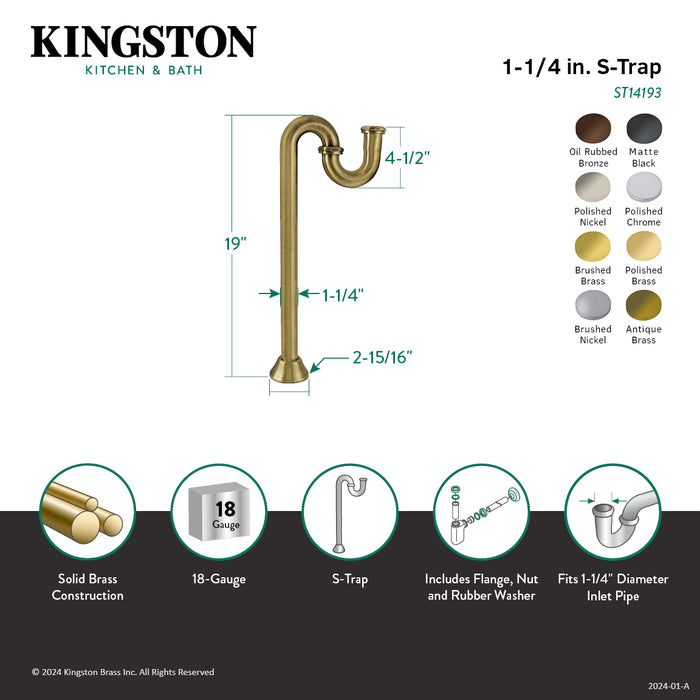 Kingston Heirloom ST14192 - Vintage 1-1/4 Inch Brass S-Trap, 18 Gauge, Polished Brass