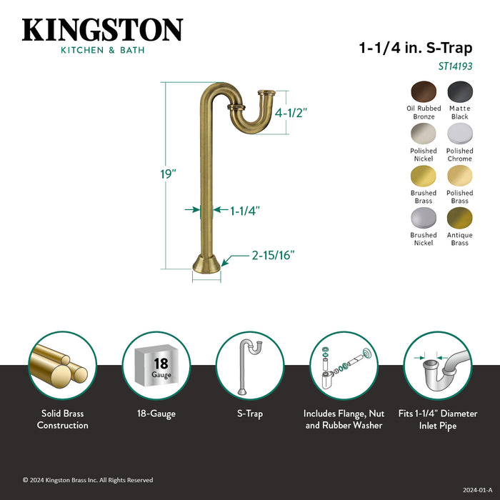 Kingston Brass Vintage ST14197 1-1/4 Inch Brass S-Trap, 18 Gauge, Brushed  Brass