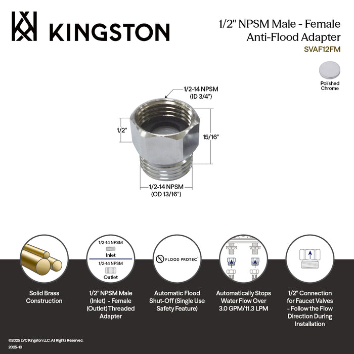 Kingston SVAF12FM 1/2" NPSM Male - Female Anti-Flood Adapter for Faucet Valve, Polished Chrome