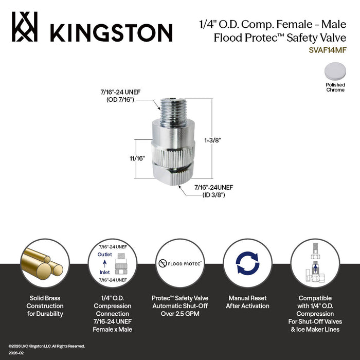 Kingston SVAF14MF 7/16"-24 UNS Female - Male Anti-Flood Adapter, Polished Chrome