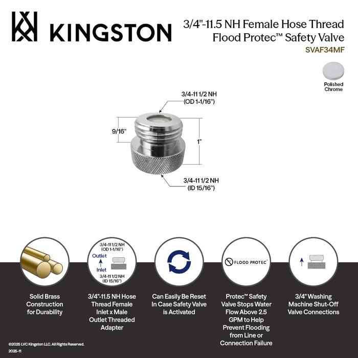Kingston SVAF34MF 3/4"-11.5 NH Female Hose Thread Flood Protec Safety Valve, Polished Chrome