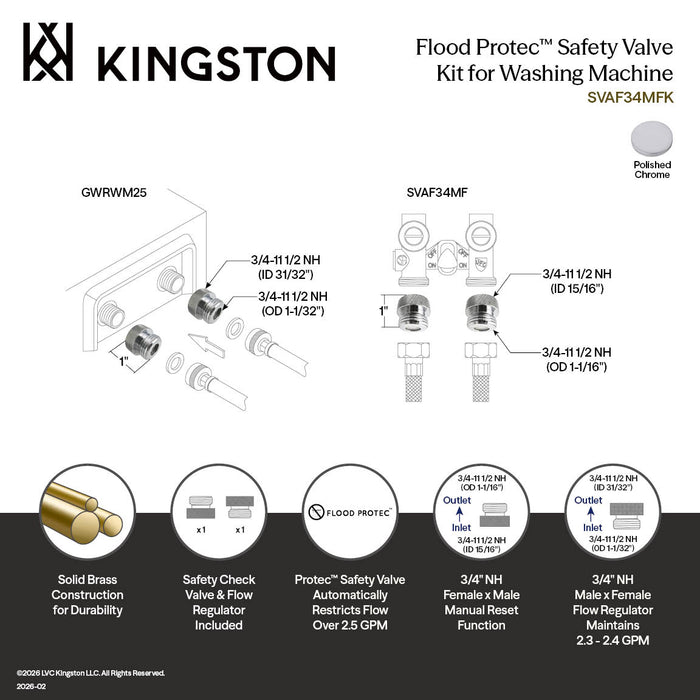 Kingston SVAF34MFK Flood Protec™ Safety Valve Kit for Washing Machine, Polished Chrome