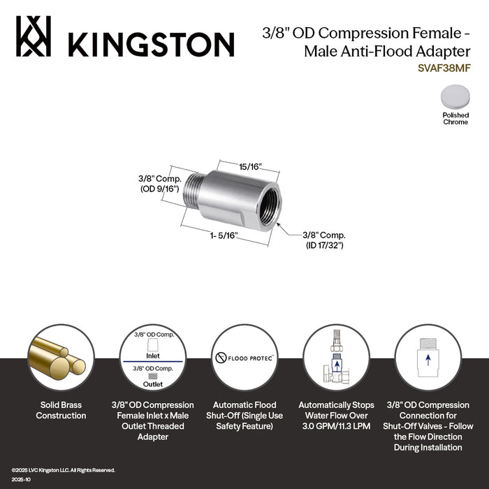 SVAF38MF 3/8" OD Compression Female - Male Anti-Flood Adapter, Polished Chrome