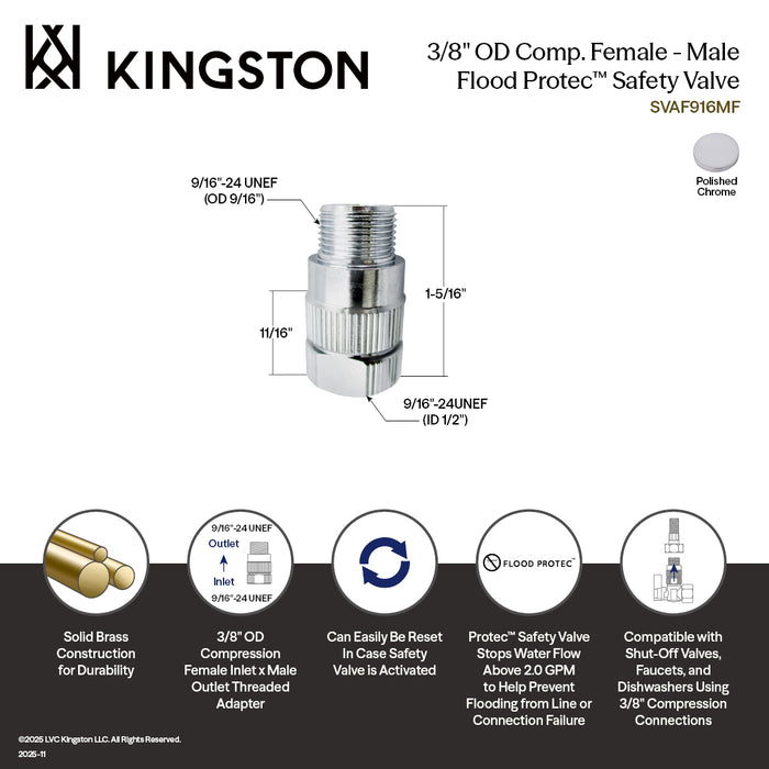 Kingston SVAF916MF 3/8" OD Compression Female - Male Flood Protec Safety Valve, Polished Chrome
